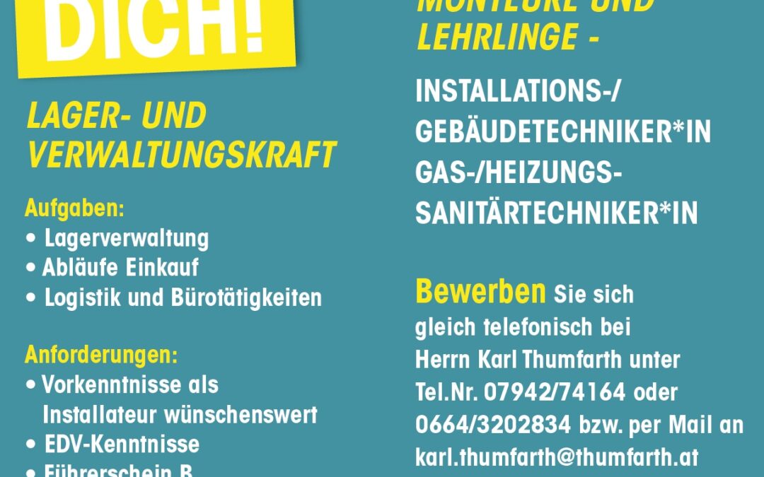 Stelleninserat Lager/Verwaltung + Monteur + Lehrling